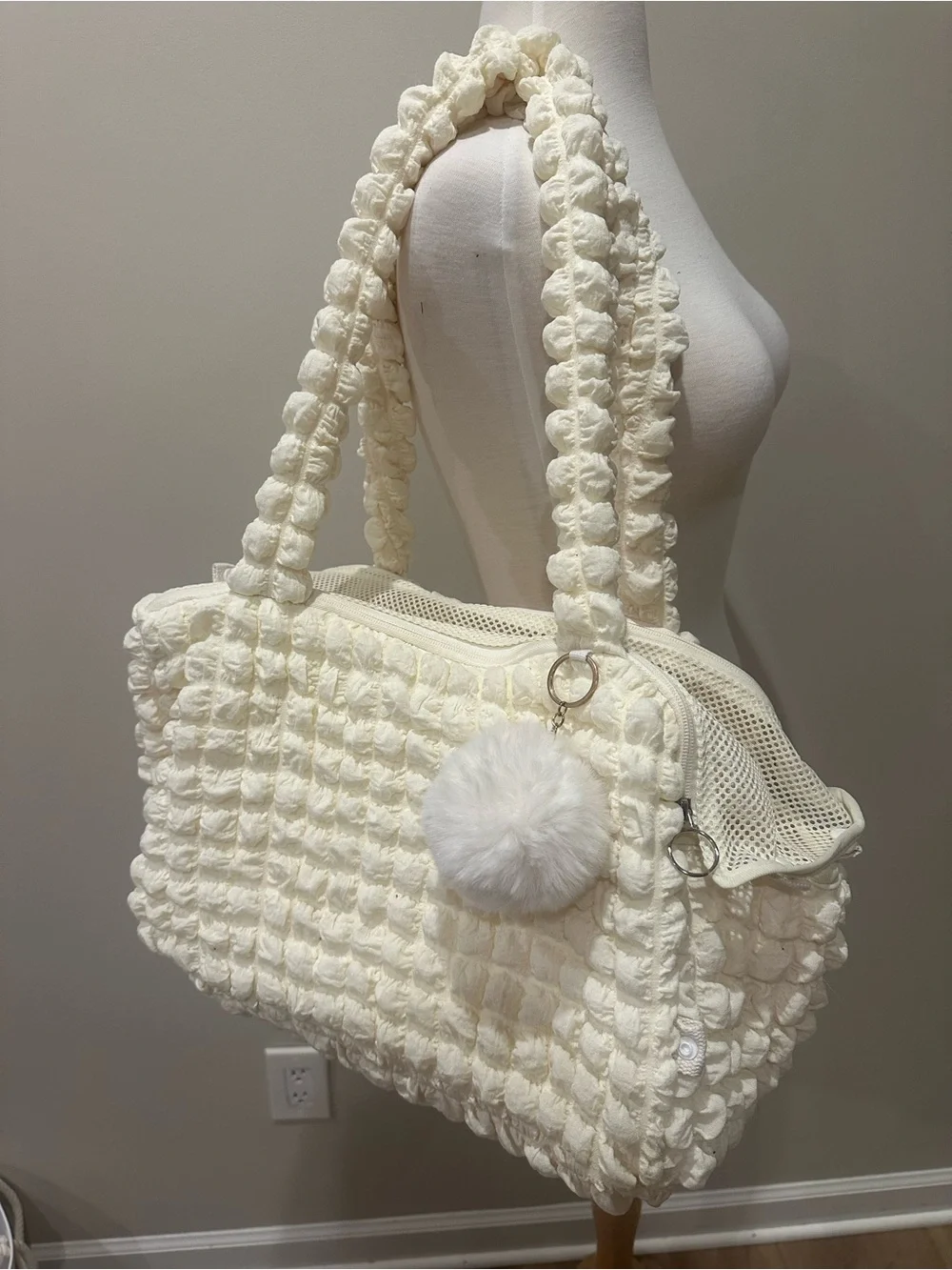 Cream Textured Popcorn Mesh Pet Carrier Tote with Pom Keychain